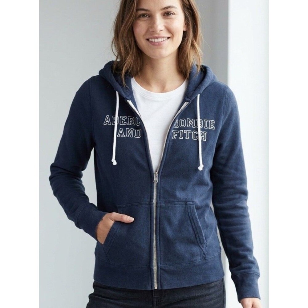 Abercrombie and Fitch Women's Navy Blue Full Zip Hoodie Logo Embroidered Large